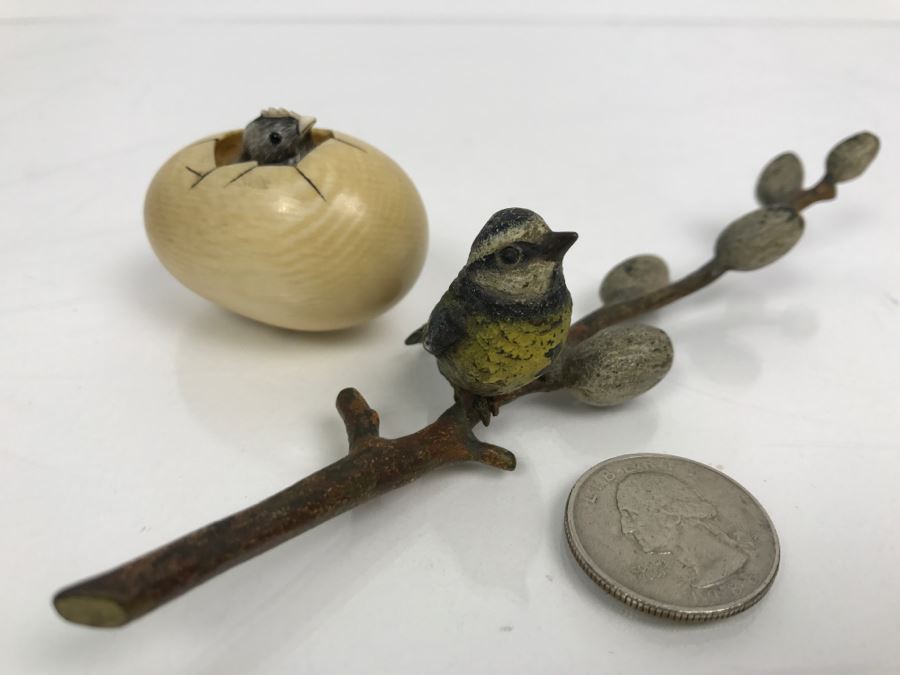 Signed Asian Carved Bird Hatching Out Of Egg And Vintage Metal Bird Figurine [Photo 1]
