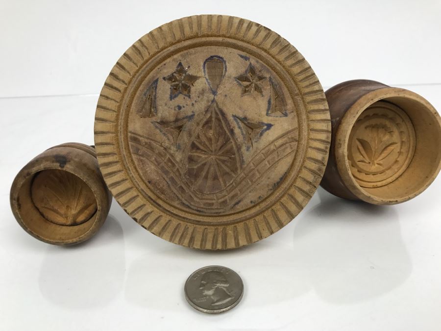 Collection Of (3) Vintage Carved Wood Butter Stamp Press Molds  [Photo 1]