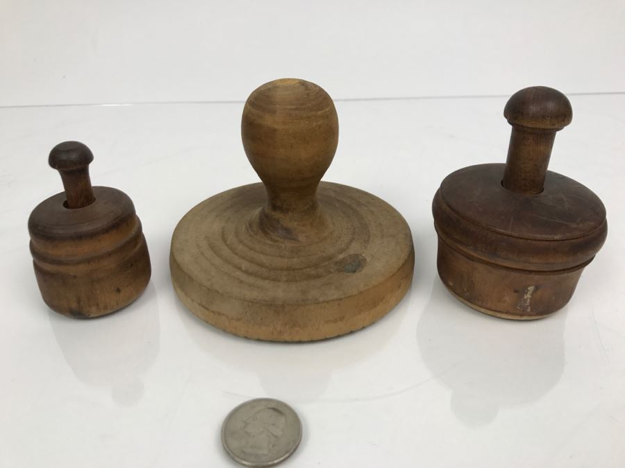Collection Of (3) Vintage Carved Wood Butter Stamp Press Molds  [Photo 2]