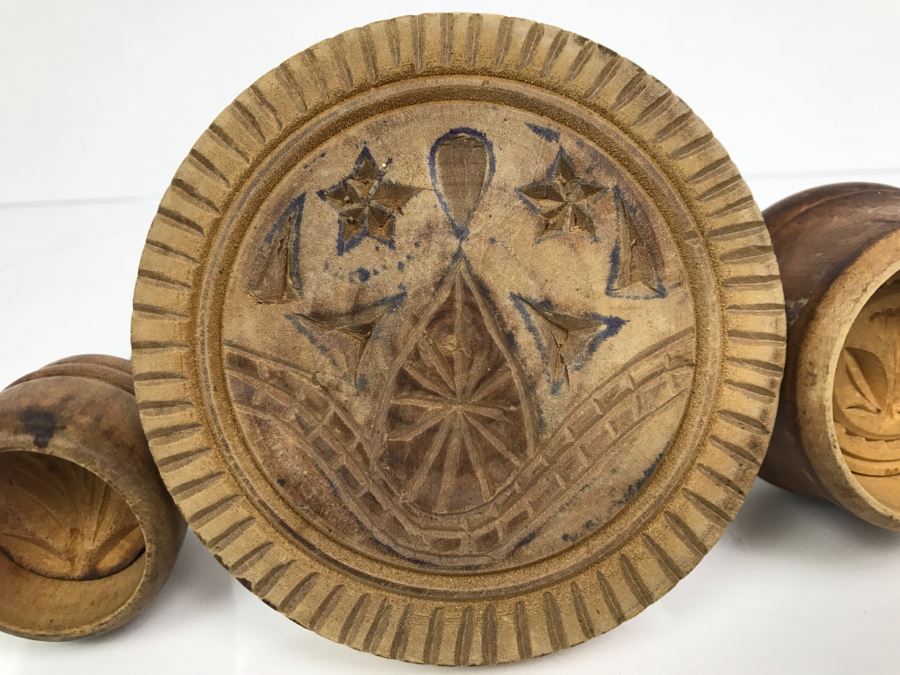 Collection Of (3) Vintage Carved Wood Butter Stamp Press Molds  [Photo 3]
