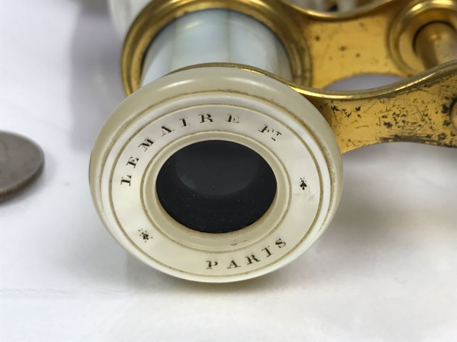Antique Mother Of Pearl And Brass Lemaire Paris Binoculars Opera Glasses With Storage Pouch [Photo 2]