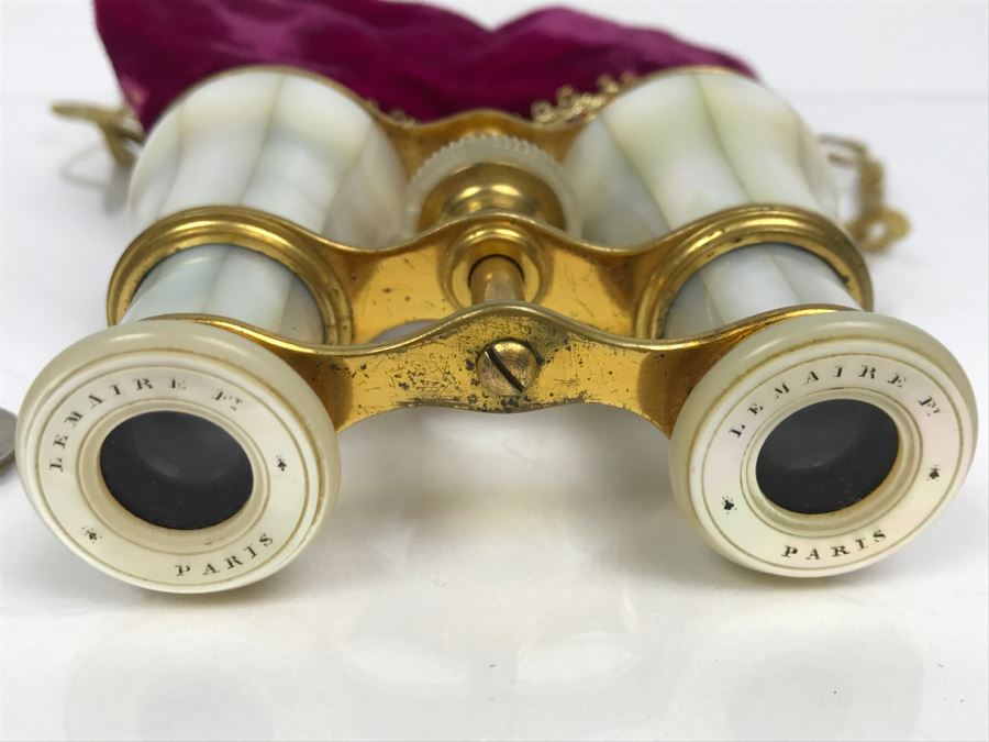 Antique Mother Of Pearl And Brass Lemaire Paris Binoculars Opera Glasses With Storage Pouch