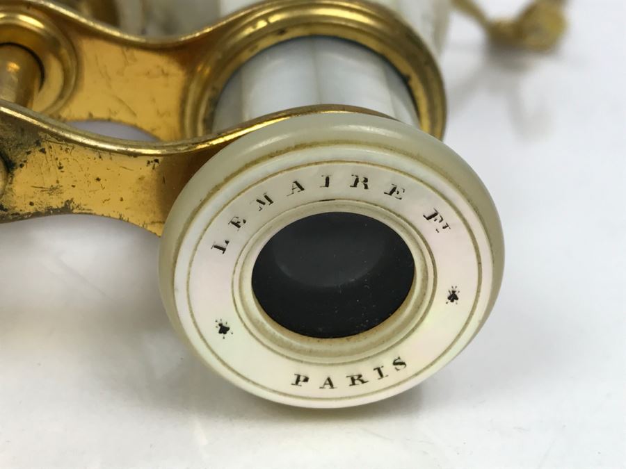 Antique Mother Of Pearl And Brass Lemaire Paris Binoculars Opera Glasses With Storage Pouch [Photo 3]