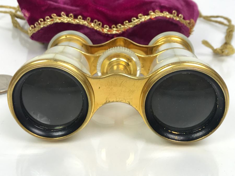 Antique Mother Of Pearl And Brass Lemaire Paris Binoculars Opera Glasses With Storage Pouch [Photo 9]
