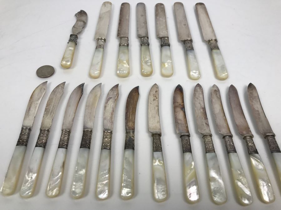 Collection Of Stering Silver With Mother Of Pearl Handle Knives