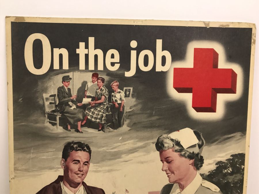 Vintage 1940's Red Cross On The Job Poster On Board Join And Serve [Photo 2]