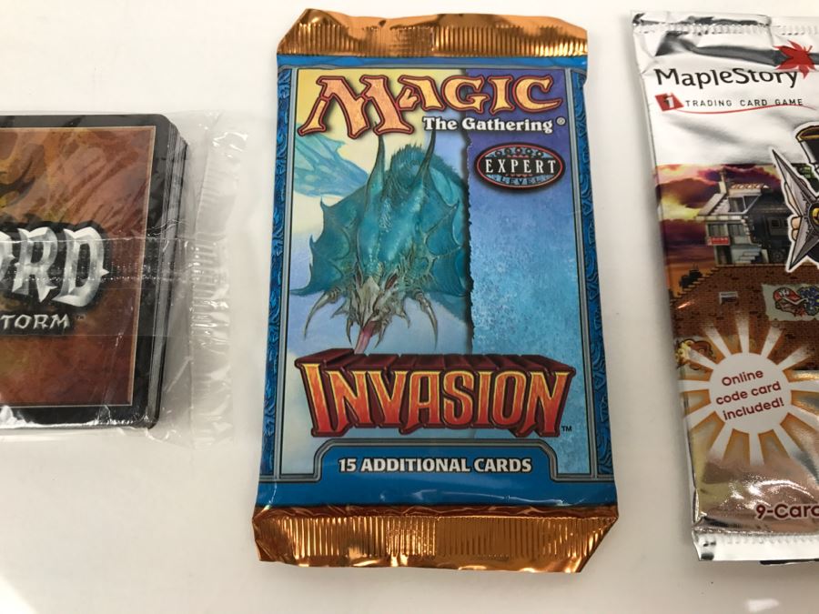 Various Unopened Card Packs: Magic The Gathering Invasion, Warlord Saga Of The Storm, And Maplestory Trading Card Games [Photo 2]