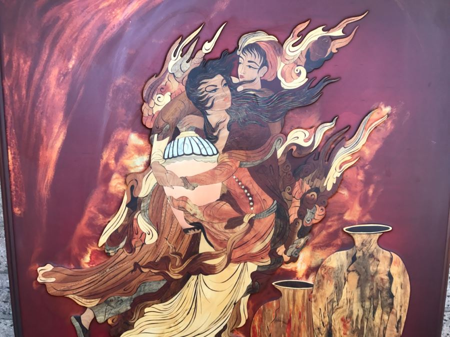 Impressive Marquetry Inlaid Wood Artwork Signed By Artist ? Group [Photo 2]