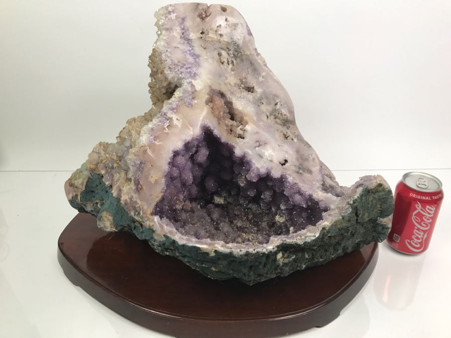Huge Amethyst Geode Rock Stone With Wooden Base For Presentation 19'W X 11'D X 12'H [Photo 1]