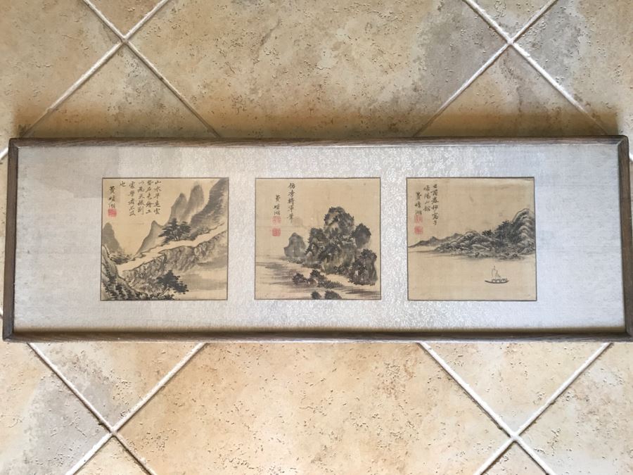 Original Antique Triptych (3) Chinese Landscape Paintings Attributed To Fei Qinghu Late 18th To Early 19th Century [Photo 2]