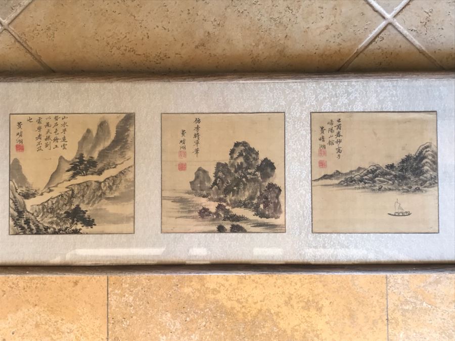 Original Antique Triptych (3) Chinese Landscape Paintings Attributed To Fei Qinghu Late 18th To Early 19th Century