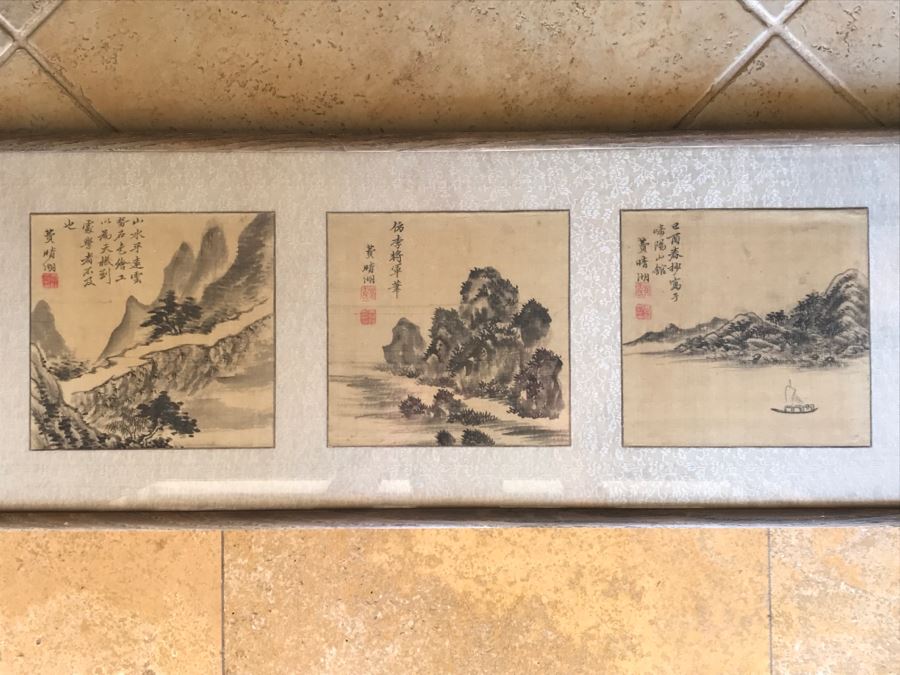 Original Antique Triptych (3) Chinese Landscape Paintings Attributed To Fei Qinghu Late 18th To Early 19th Century [Photo 3]