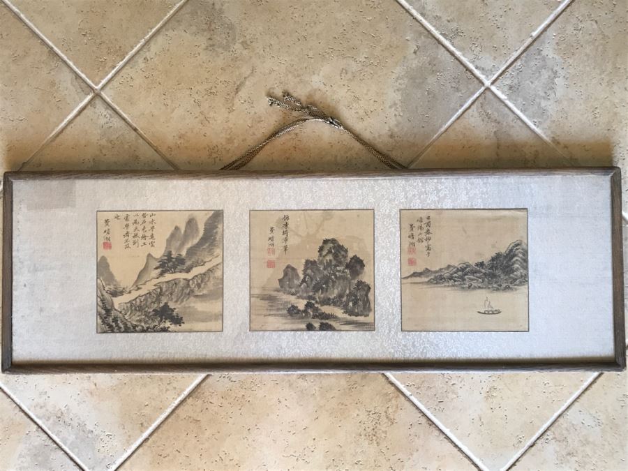 Original Antique Triptych (3) Chinese Landscape Paintings Attributed To Fei Qinghu Late 18th To Early 19th Century [Photo 10]