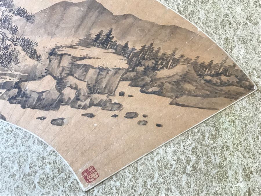 Framed Original Antique Chinese Landscape Painting On Fan [Photo 17]
