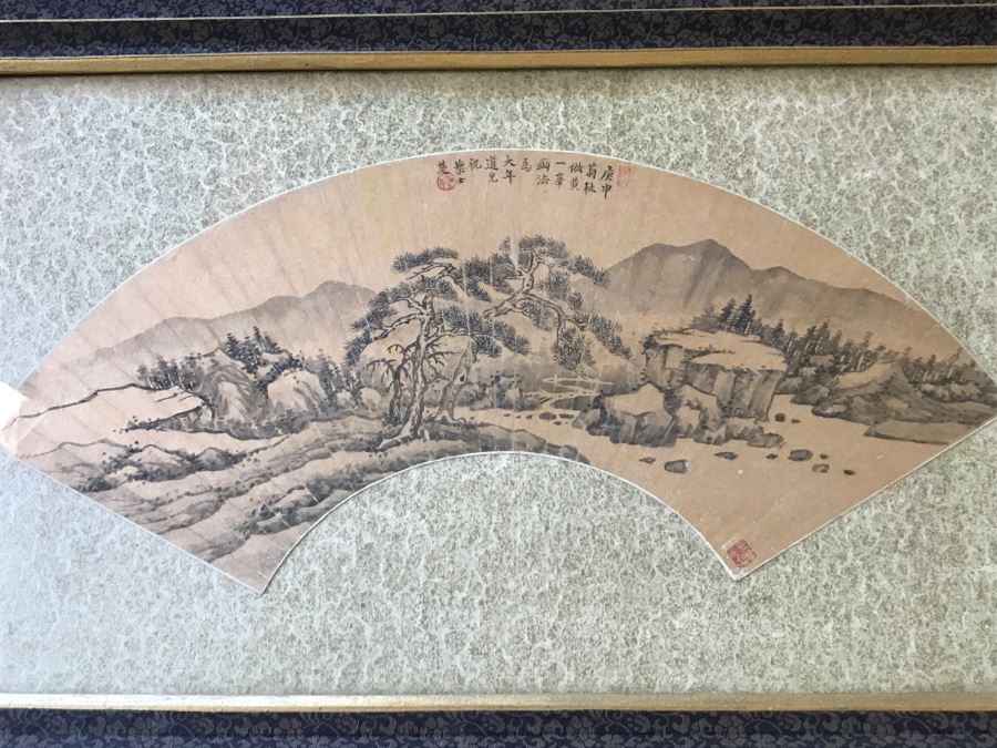 Framed Original Antique Chinese Landscape Painting On Fan [Photo 22]