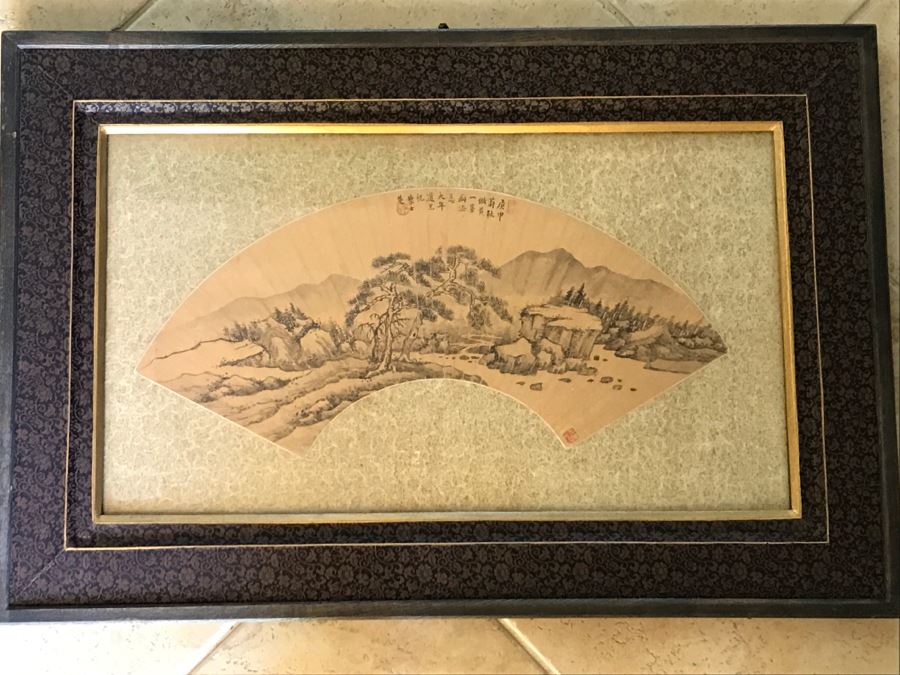 Framed Original Antique Chinese Landscape Painting On Fan [Photo 2]