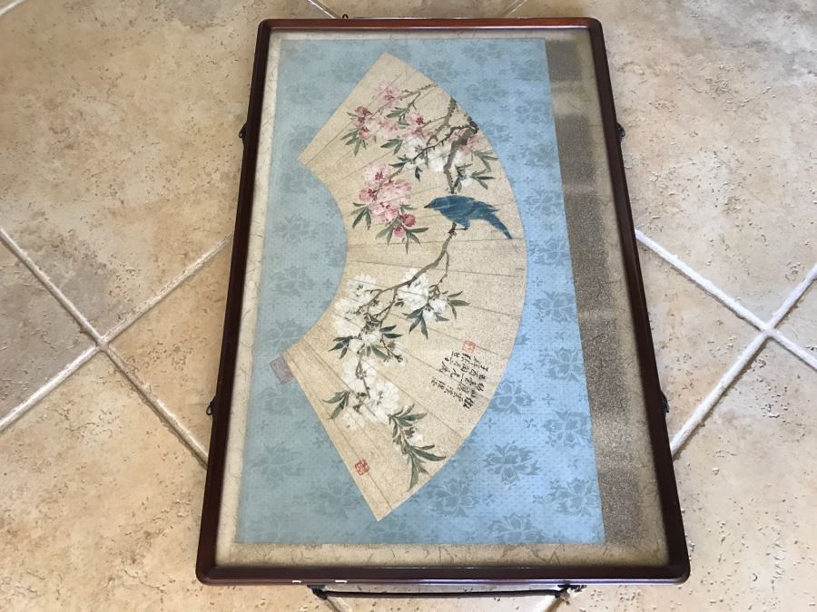 Framed Signed Original Chinese Painting Bird With Flowers On Fan [Photo 13]