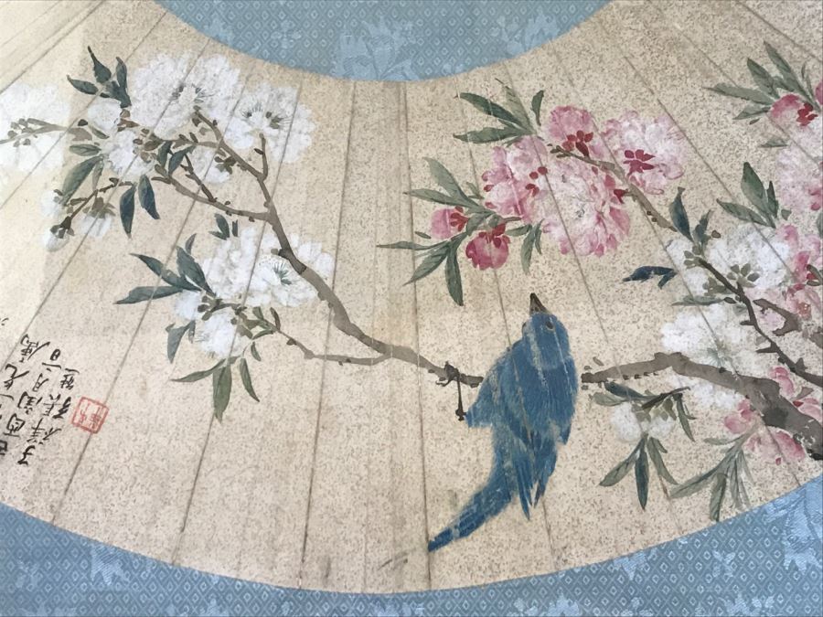 Framed Signed Original Chinese Painting Bird With Flowers On Fan [Photo 4]