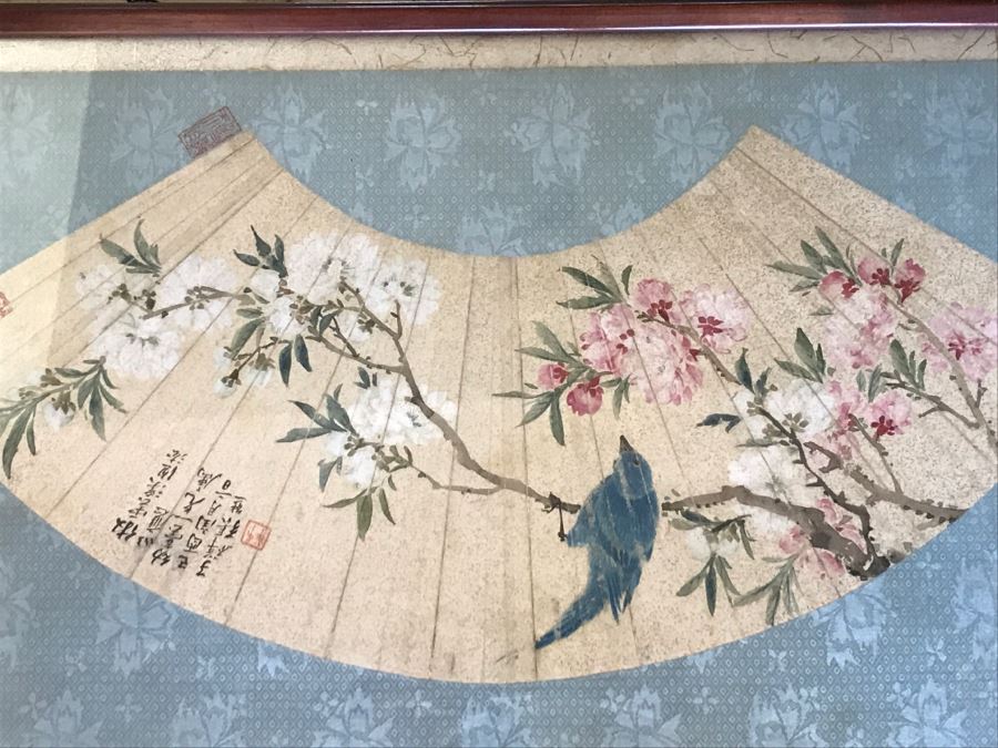 Framed Signed Original Chinese Painting Bird With Flowers On Fan [Photo 1]