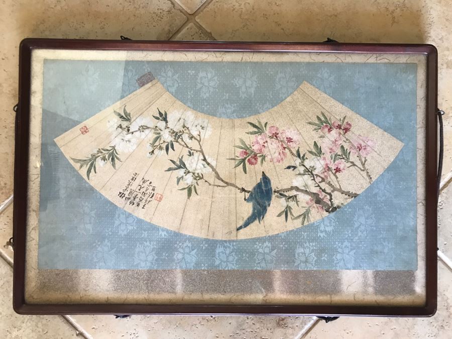 Framed Signed Original Chinese Painting Bird With Flowers On Fan [Photo 2]