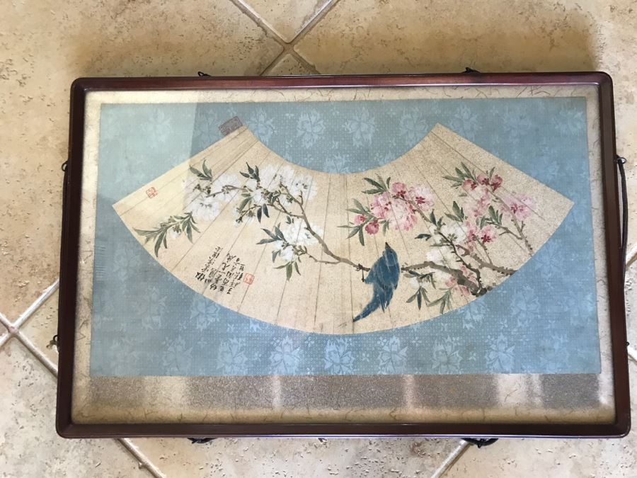 Framed Signed Original Chinese Painting Bird With Flowers On Fan [Photo 12]