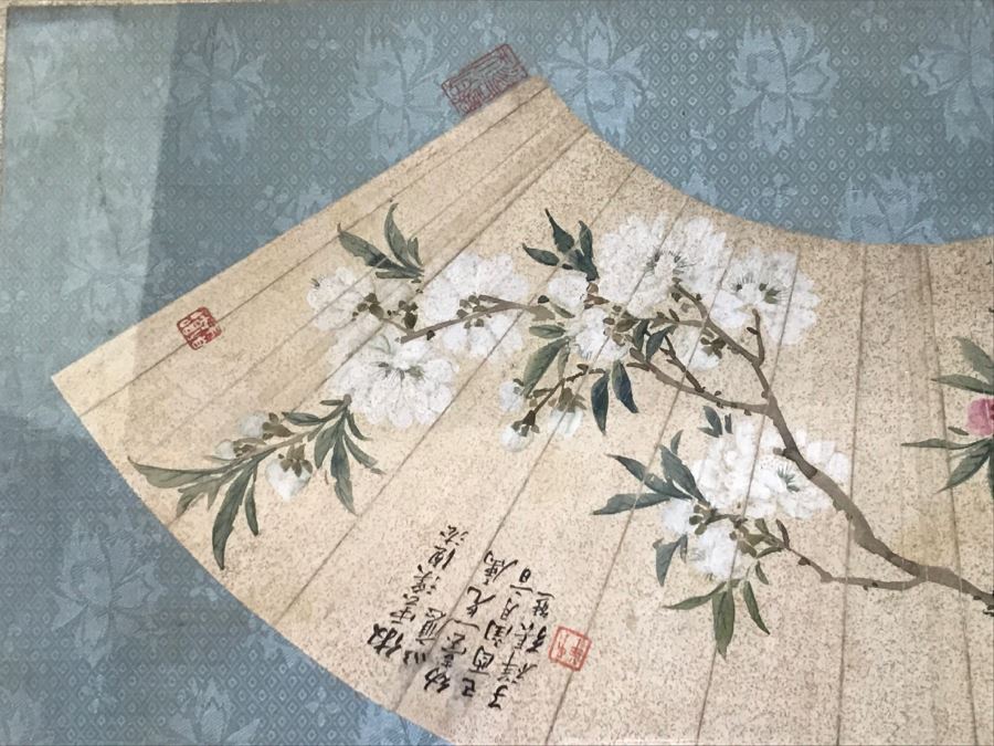 Framed Signed Original Chinese Painting Bird With Flowers On Fan [Photo 3]