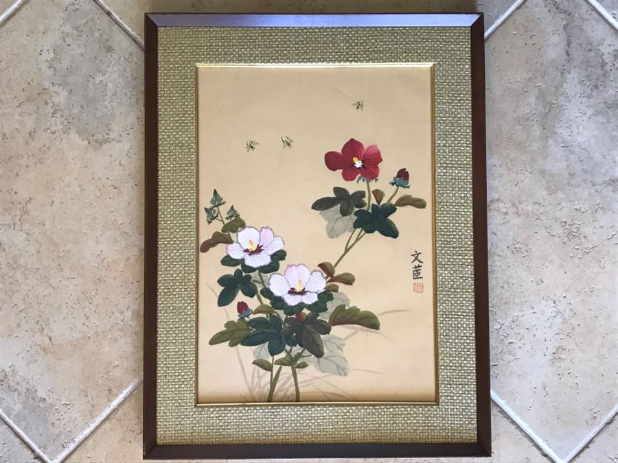 Original Signed Chinese Painting With Bees And Flowers [Photo 1]