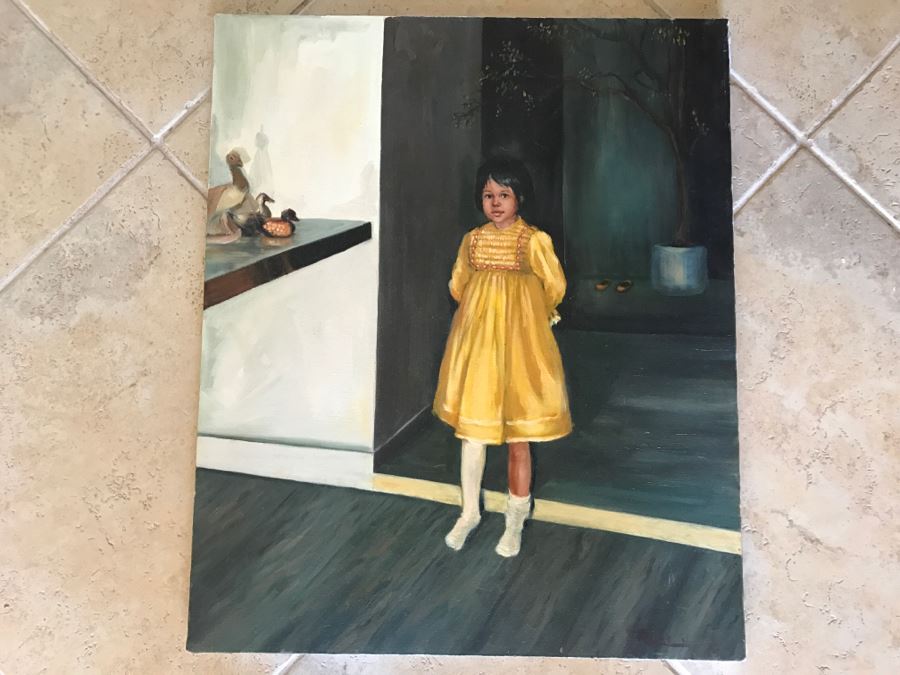Original Oil Painting On Canvas Of Girl In Yellow Dress By Rene 1986 [Photo 10]