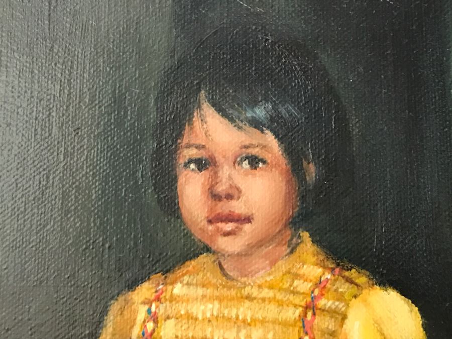 Original Oil Painting On Canvas Of Girl In Yellow Dress By Rene 1986 [Photo 5]