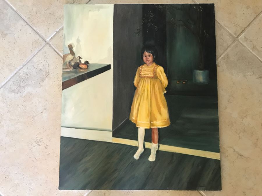 Original Oil Painting On Canvas Of Girl In Yellow Dress By Rene 1986 [Photo 1]