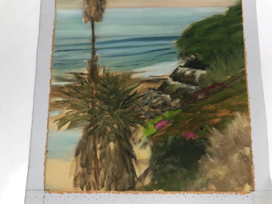 Original Plein Air Painting On Canvas Of Swamis Beach Encinitas Unsigned By Hollywood Art Director Canvas Size 10' X 13' [Photo 5]
