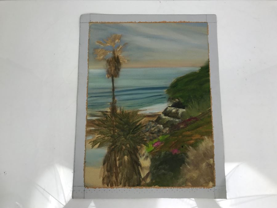 Original Plein Air Painting On Canvas Of Swamis Beach Encinitas Unsigned By Hollywood Art Director Canvas Size 10' X 13' [Photo 4]