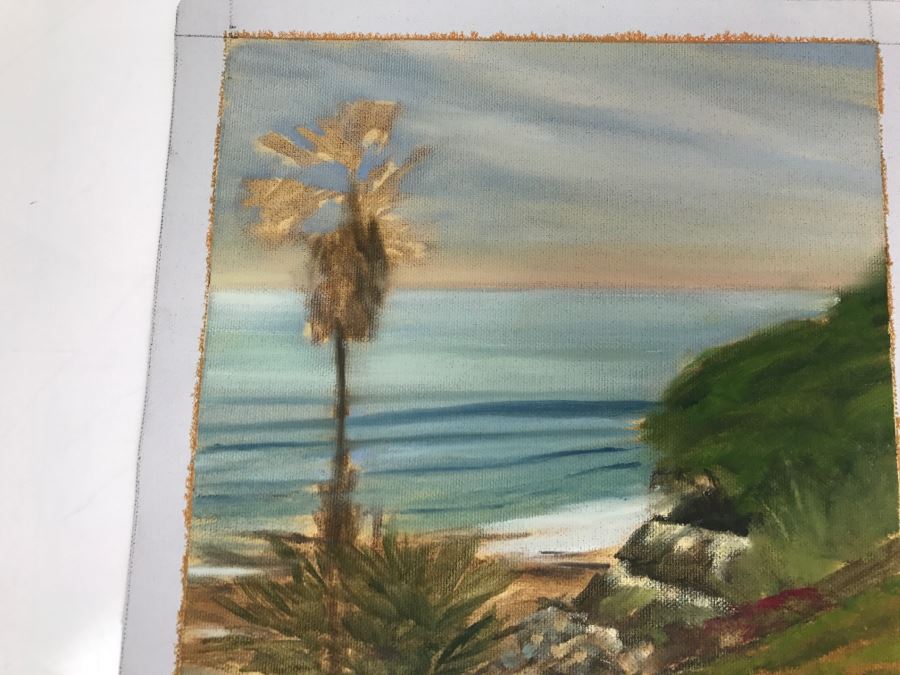 Original Plein Air Painting On Canvas Of Swamis Beach Encinitas Unsigned By Hollywood Art Director Canvas Size 10' X 13' [Photo 7]