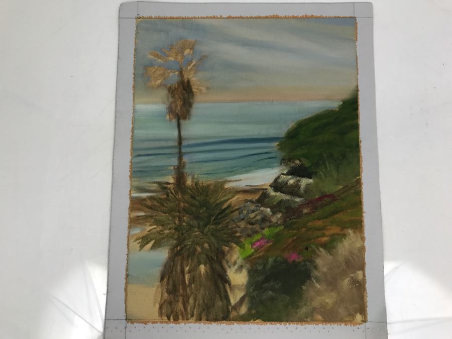 Original Plein Air Painting On Canvas Of Swamis Beach Encinitas Unsigned By Hollywood Art Director Canvas Size 10' X 13' [Photo 1]