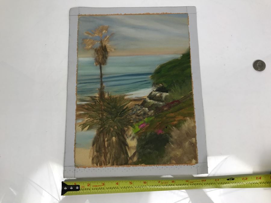 Original Plein Air Painting On Canvas Of Swamis Beach Encinitas Unsigned By Hollywood Art Director Canvas Size 10' X 13' [Photo 2]