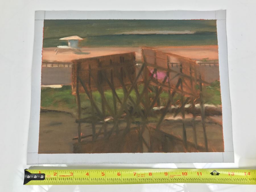 Original Plein Air Painting On Canvas Of Seascape Unsigned By Hollywood Art Director Canvas Size 13' X 10' [Photo 2]