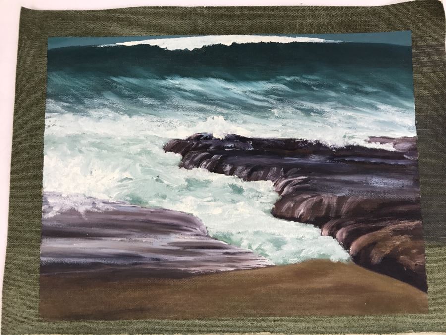 Original Plein Air Painting On Canvas Of Seascape Unsigned By Hollywood Art Director Canvas Size 14' X 11' [Photo 1]