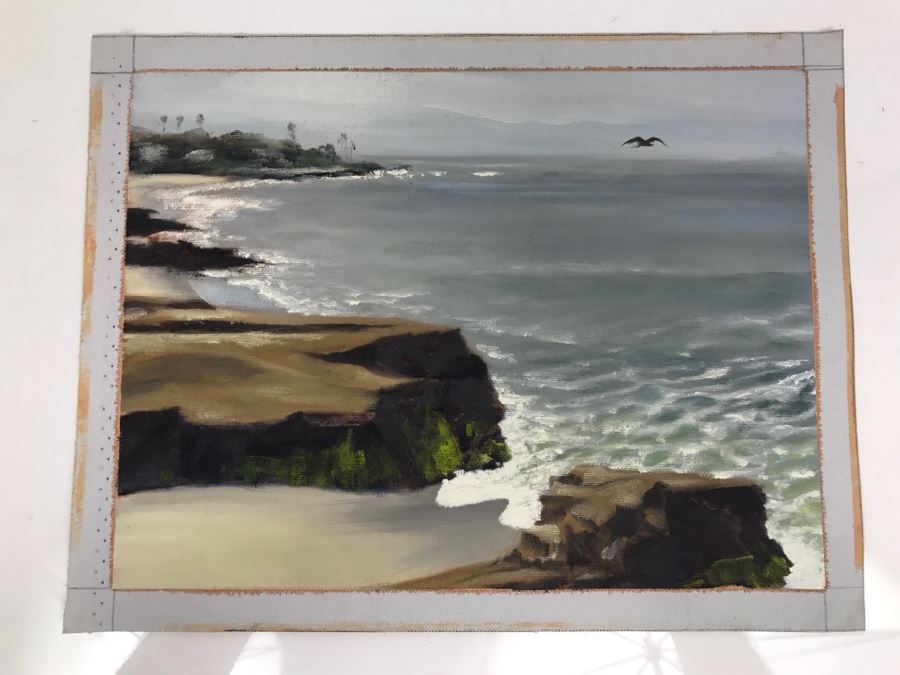 Original Plein Air Painting On Canvas Of Seascape Unsigned By Hollywood Art Director Canvas Size 13' X 10' [Photo 1]