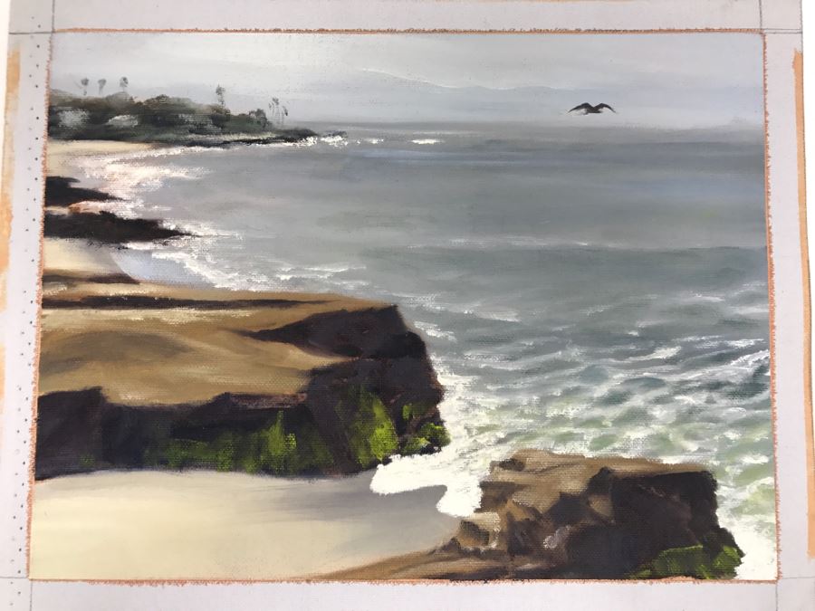 Original Plein Air Painting On Canvas Of Seascape Unsigned By Hollywood Art Director Canvas Size 13' X 10' [Photo 4]