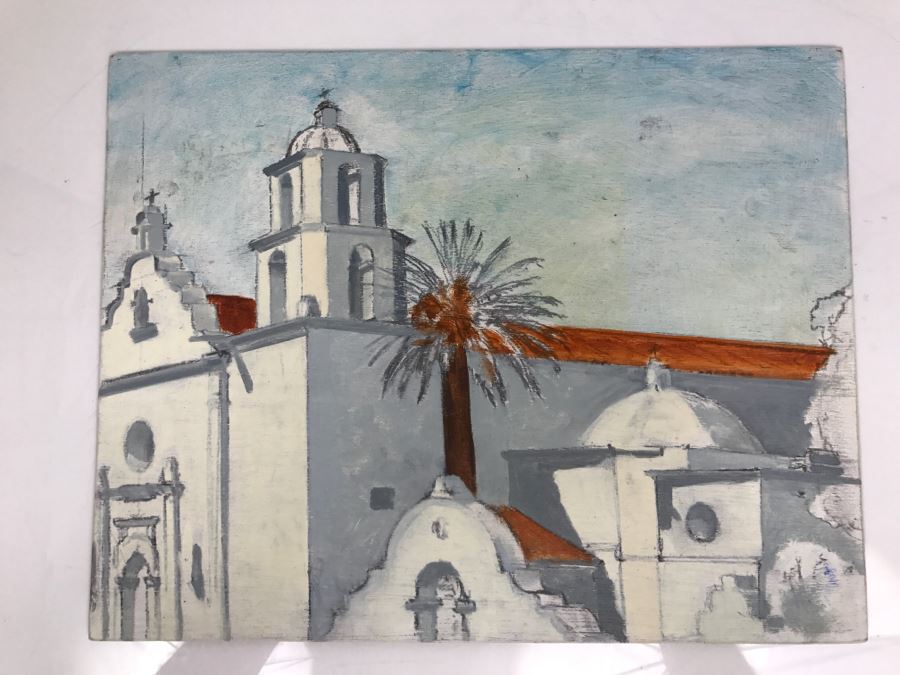Original Plein Air Painting On Board Of Mission San Luis Rey In Oceanside Unsigned By Hollywood Art Director 14' X 11' [Photo 1]