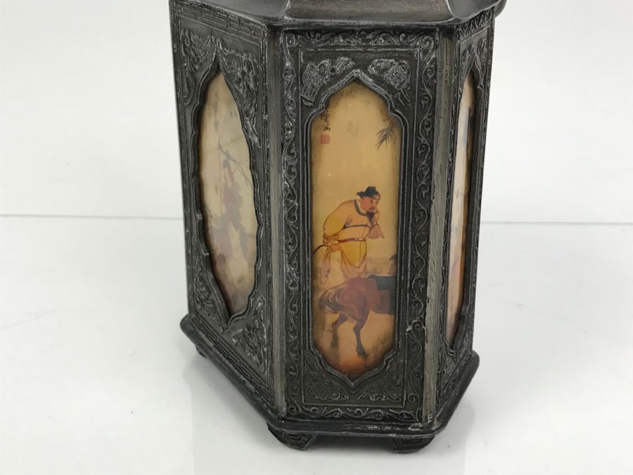 Signed Chinese Pewter Tea Kettle Teapot With Glass Paintings On Sides [Photo 18]