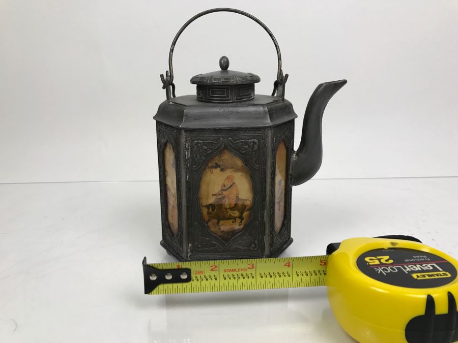 Signed Chinese Pewter Tea Kettle Teapot With Glass Paintings On Sides [Photo 6]