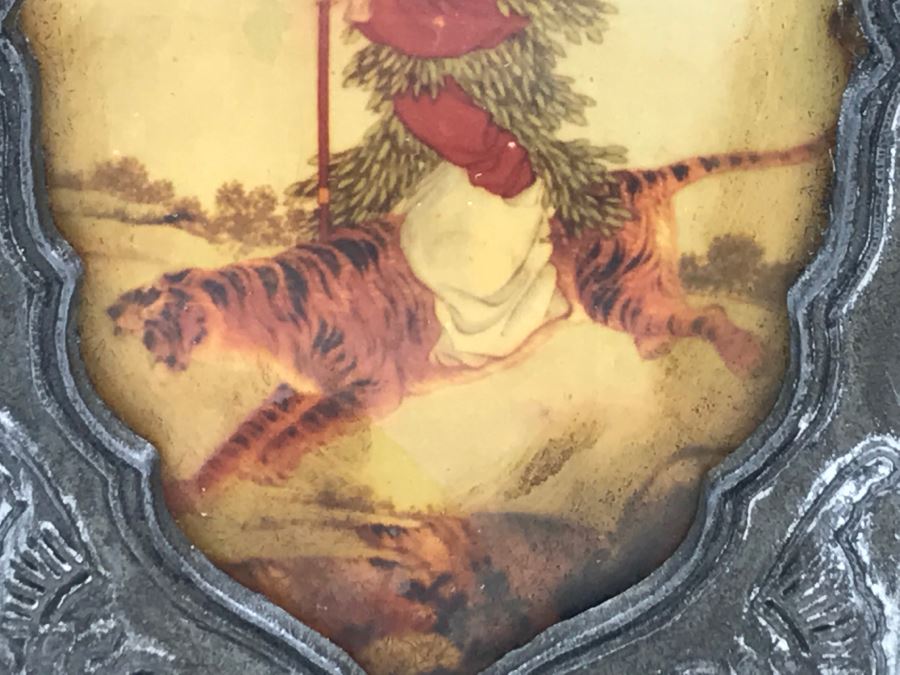 Signed Chinese Pewter Tea Kettle Teapot With Glass Paintings On Sides [Photo 25]