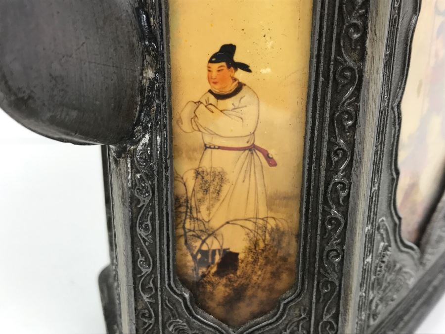 Signed Chinese Pewter Tea Kettle Teapot With Glass Paintings On Sides [Photo 31]