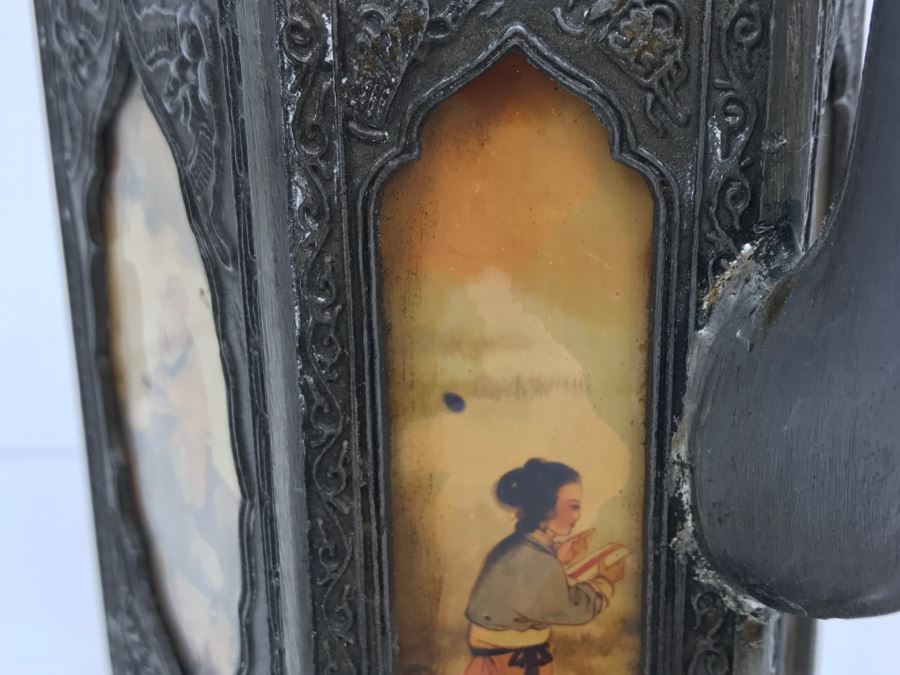 Signed Chinese Pewter Tea Kettle Teapot With Glass Paintings On Sides [Photo 14]