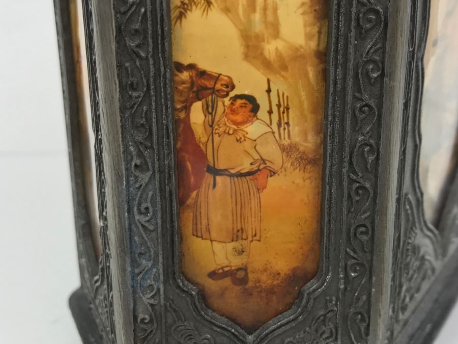 Signed Chinese Pewter Tea Kettle Teapot With Glass Paintings On Sides [Photo 17]