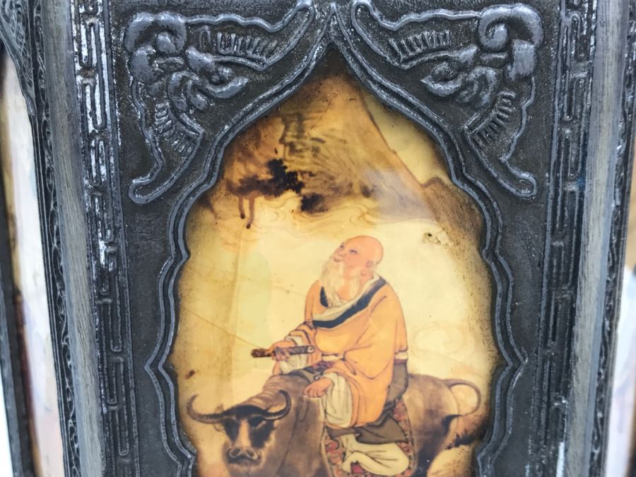 Signed Chinese Pewter Tea Kettle Teapot With Glass Paintings On Sides [Photo 10]