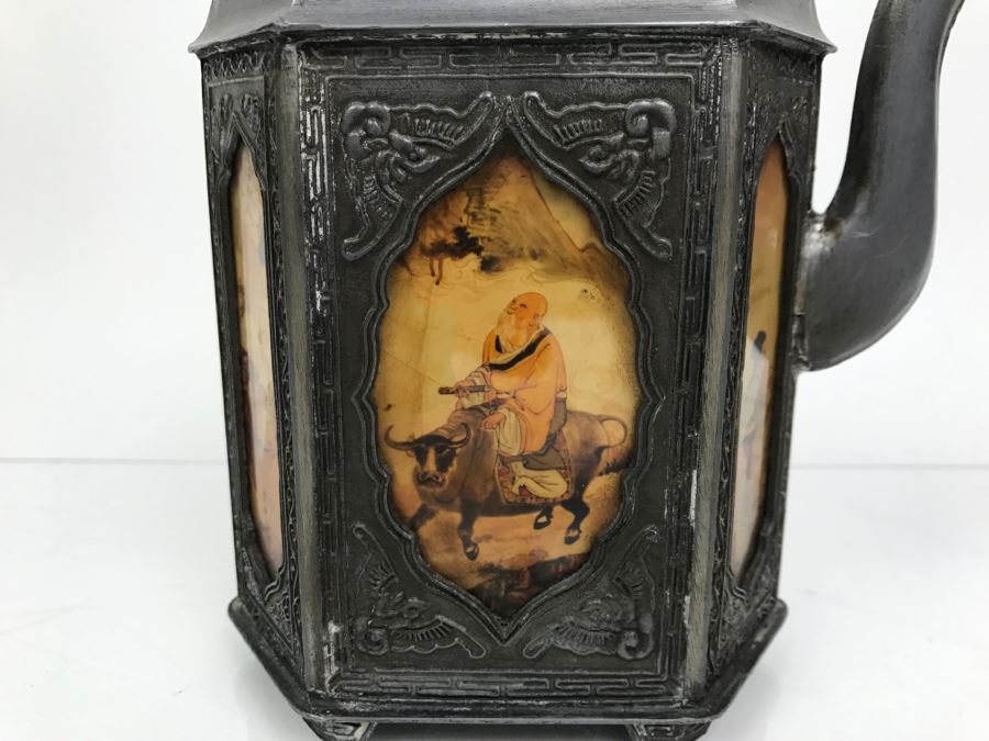 Signed Chinese Pewter Tea Kettle Teapot With Glass Paintings On Sides [Photo 2]
