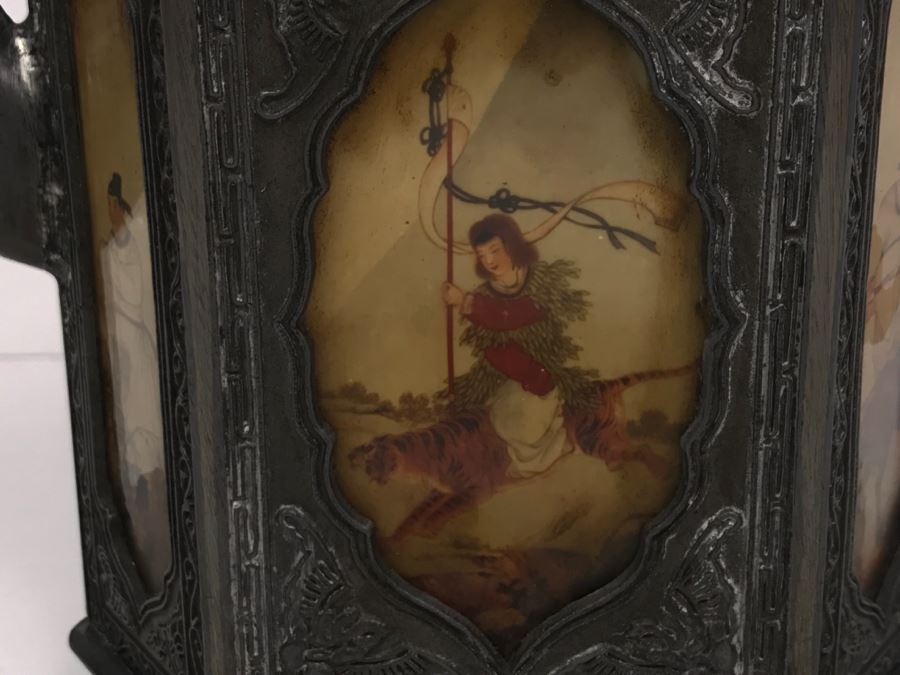 Signed Chinese Pewter Tea Kettle Teapot With Glass Paintings On Sides [Photo 24]