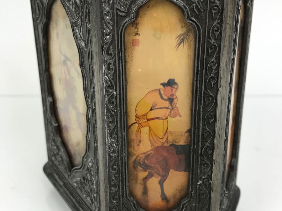 Signed Chinese Pewter Tea Kettle Teapot With Glass Paintings On Sides [Photo 19]